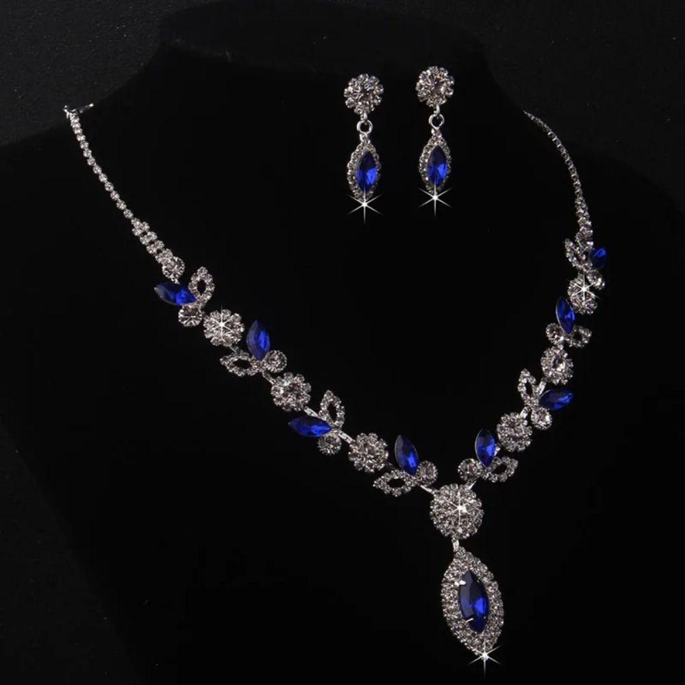 Rhombus Necklace Earrings Three-piece Set Fringed Luxury Rhinestone Jewelry Wedding