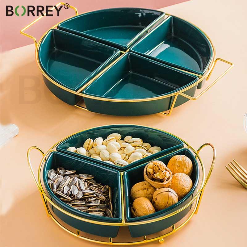 

Поднос для закусок BORREY, тарелка с фруктами, круглая керамика, десертный торт с перегородкой, для домашнего использования, отдельный поднос для закусок с сушеными фруктами