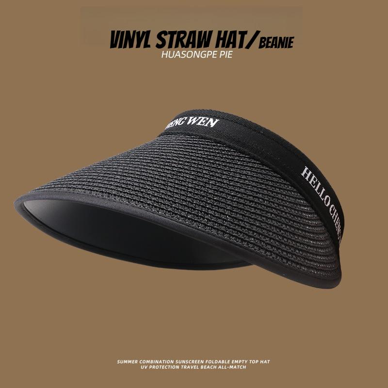 

1pc Summer Straw Sun Hat Women Outdoor Sunscreen Empty Top Cap Female UV Protection Wide Brim Visor Caps for Tralve Beach Adjustable чорний