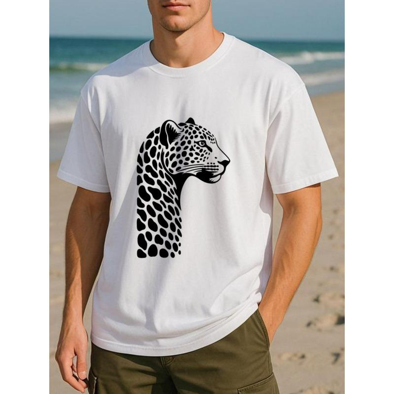

Европейские размеры Черно-белый Принт с Головой Леопарда, Легкая Футболка с Круглым Вырезом и Короткой Рукавой, Мужская Одежда S белый