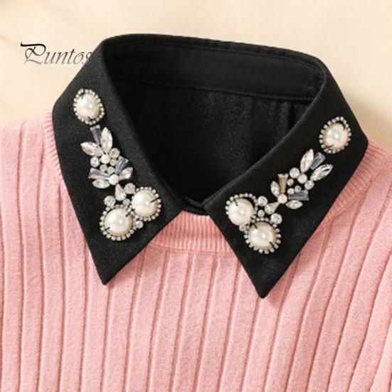 Women Fake Shirt Collar Rhinestones Faux Pearl Detachable Adjustable Embellished Tops Half Formal Event Accessory