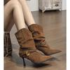 New High-Heeled Pointed-Toed Pleated Suede Piled Boots Metal Buckle Straps One-Pedal Fashion Women'S Boots Short Boots