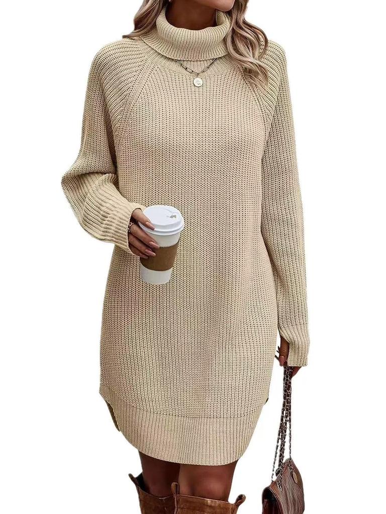 Women's High Neck Button Detail Knit Sweater Dress Loose Sleeve Mini Dress Multi Colors