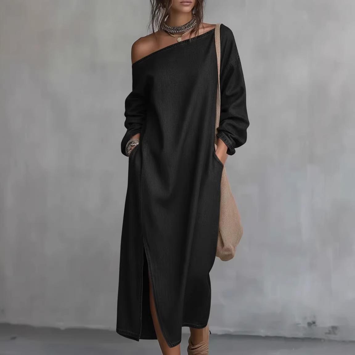 Women Black Off Shoulder Long Sleeve Maxi Dress Casual Split Side Loose Dress S