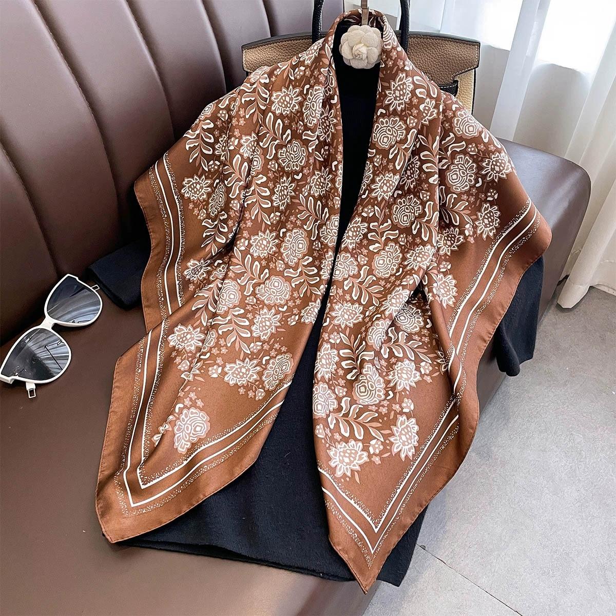 90X90Cm Decorative Square Shawl Scarf Flower Printed Handkerchief Scarf Women Bandana Headscarves 90X90CM