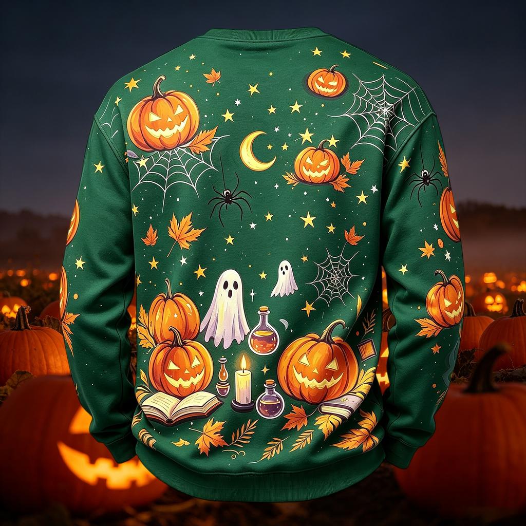 Herren lässiges Strick-Langarm-Rundhals-T-Shirt mit Halloween-Print