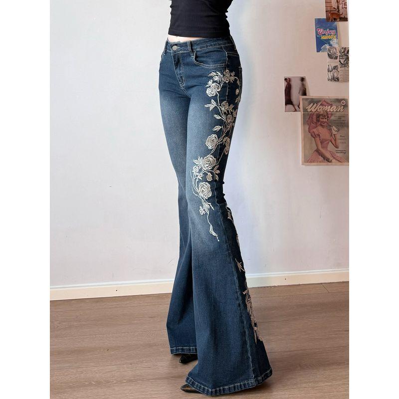H's European and American Women's Clothing Millennium Retro Thorn Rose Embroider Washed Denim Women's Tight Blue Bell-Bottom Pants Tide