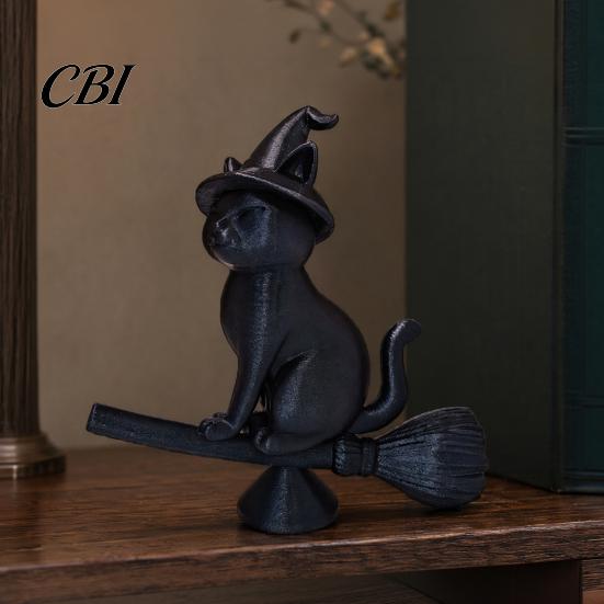 Exquisite Cat Collectible Witch Figurine, Black Riding Broom Statue, 3D Printed Ornament Ornament, Desktop Decoration for Home Office Decor Mysterious