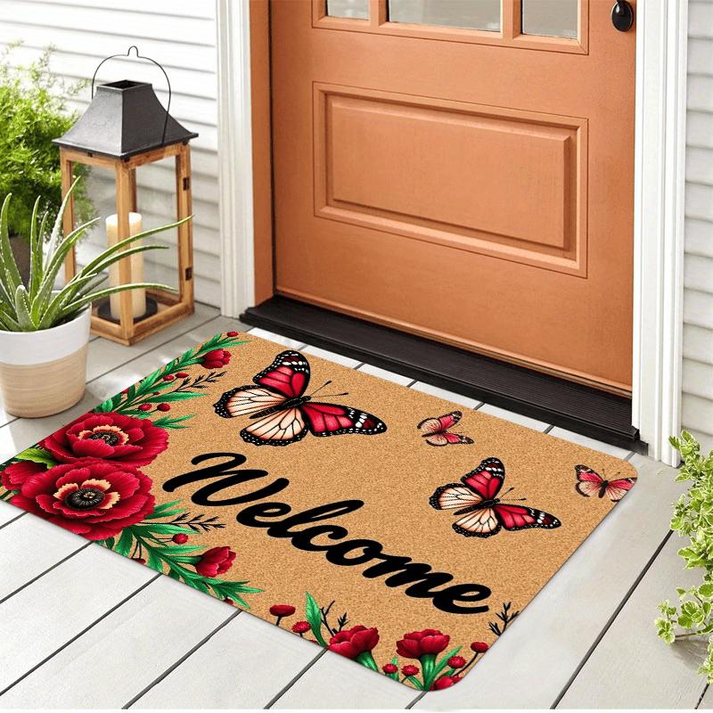 Floral Welcome Entrance Mat, Non-Slip Washable Floor Rug, Indoor Outdoor Home Decor