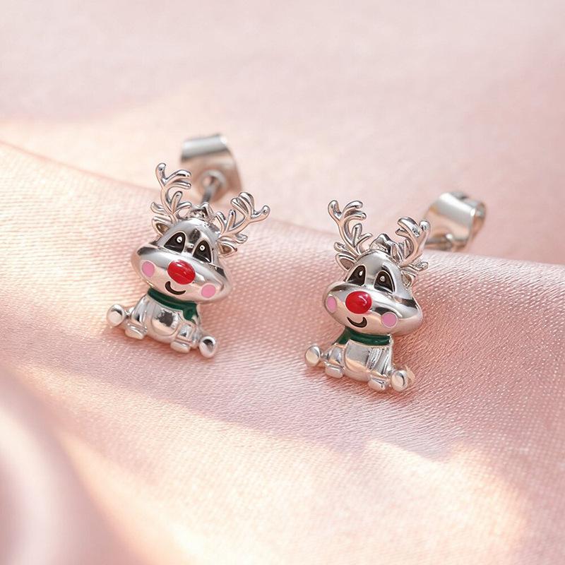 Cute Deer Elk Stud Earrings Female, Painted Oil Christmas Sweet Jewelry TikTok Earrings