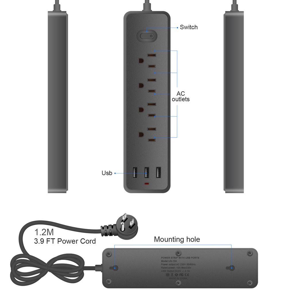 Universal Electrical Socket Extension Cable USB Power Strip for Office 4pcs AC-Outlets 3 USB Ports Surge Protector