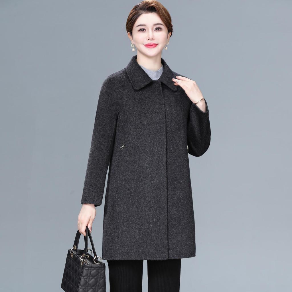 Women's Plus Size Mid-Length Wool Coat - Double-Sided, Fashionable Autumn/Winter Outerwear for Middle-Aged and Elderly