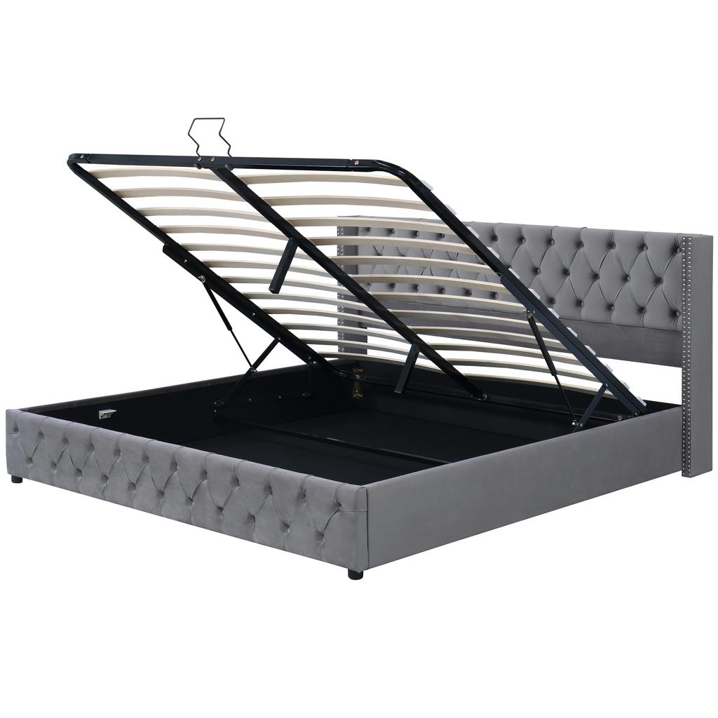 Lit rembourré Forme ailes Rangée de rivets doubles Velours, Coutures capitonnées Tête et pied de lit, Lit double 180*200 Fonction hydraulique Lit, Gris