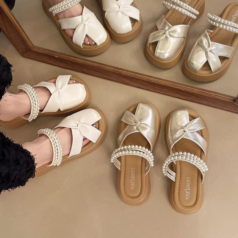 Hollow Bag Head Half Slippers Women's Summer Wear 2025 New Beaded Bow with Skirt Thick Bottom Heightening Cool Slippers