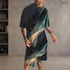 Men Plus Size Colorful Printed Round Neck Short Sleeve T Shirt Drawstring Pocket Shorts Two Piece Set