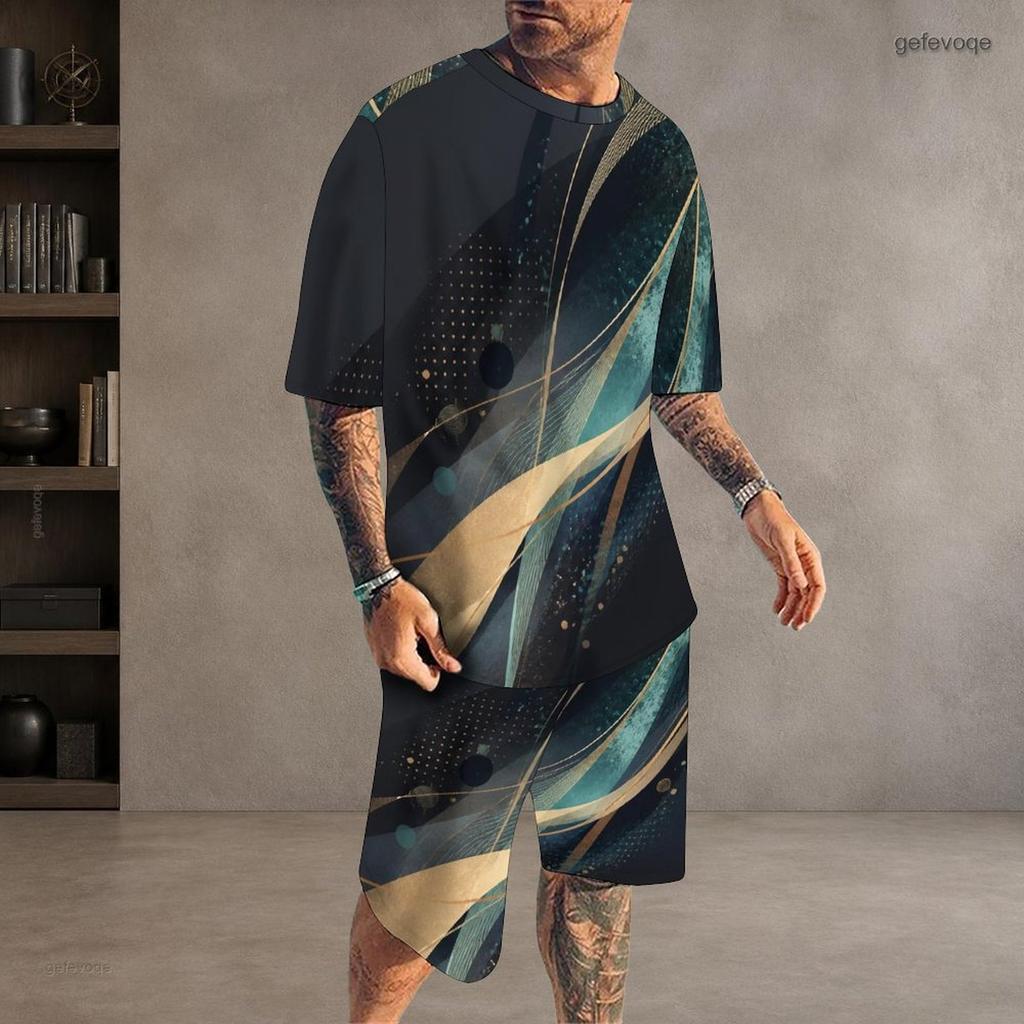 Men Plus Size Colorful Printed Round Neck Short Sleeve T Shirt Drawstring Pocket Shorts Two Piece Set