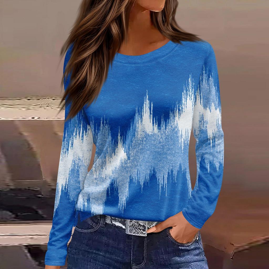 Women's Fashion Hem Slit Casual Floral Print Round Neck Long Sleeve Top