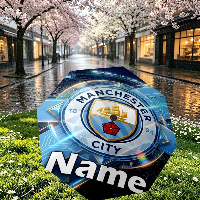 Custom Name Personalized Manchester City Print Umbrella, Auto Open Close, 8‑Rib Sturdy Frame, Commute Camping Hiking Use, Birthday Gift