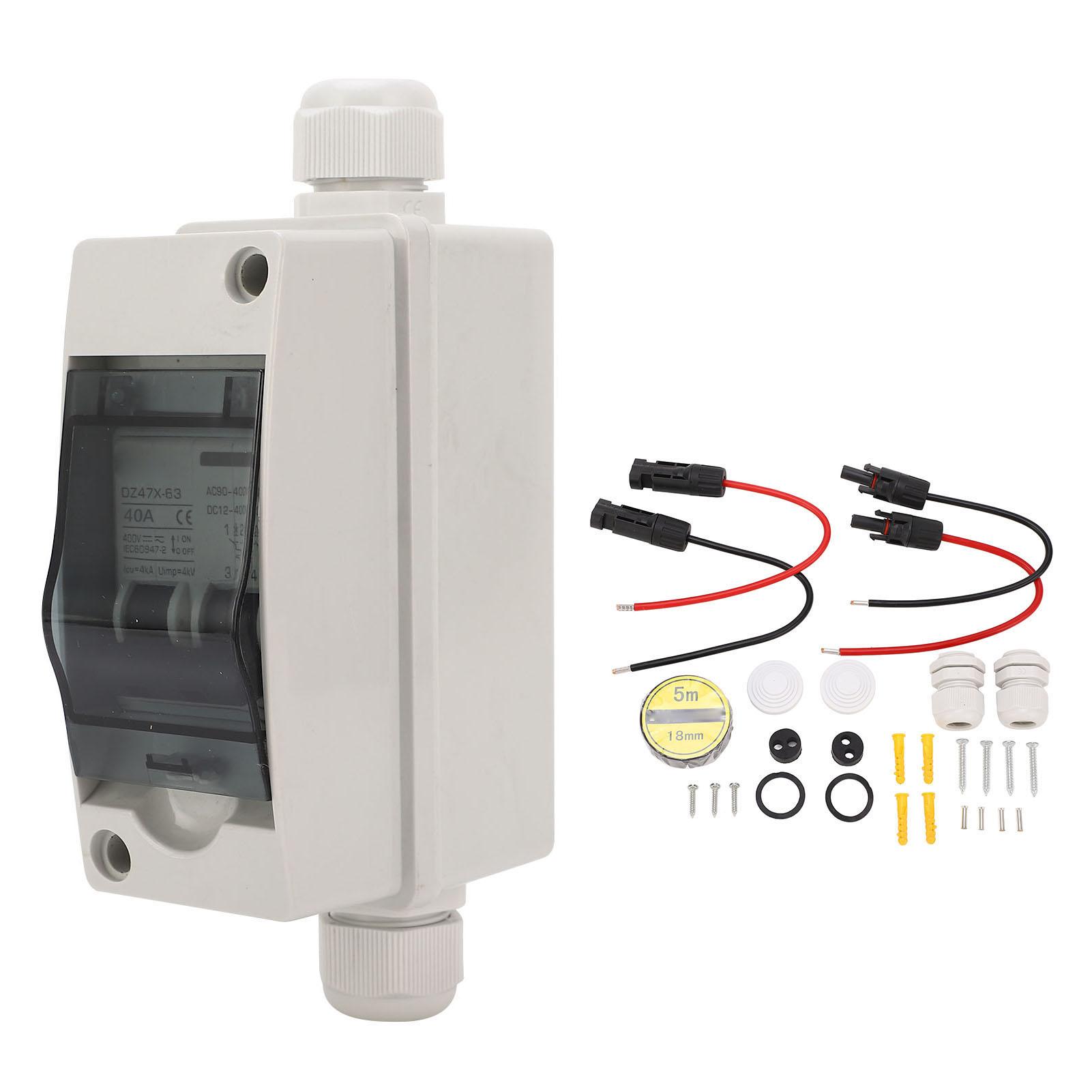 

40A Dual Power PV Disconnect Switch Outdoor Small Breaker Box for Solar Panel with DIN Rail Enclosure DC 12‑400V AC