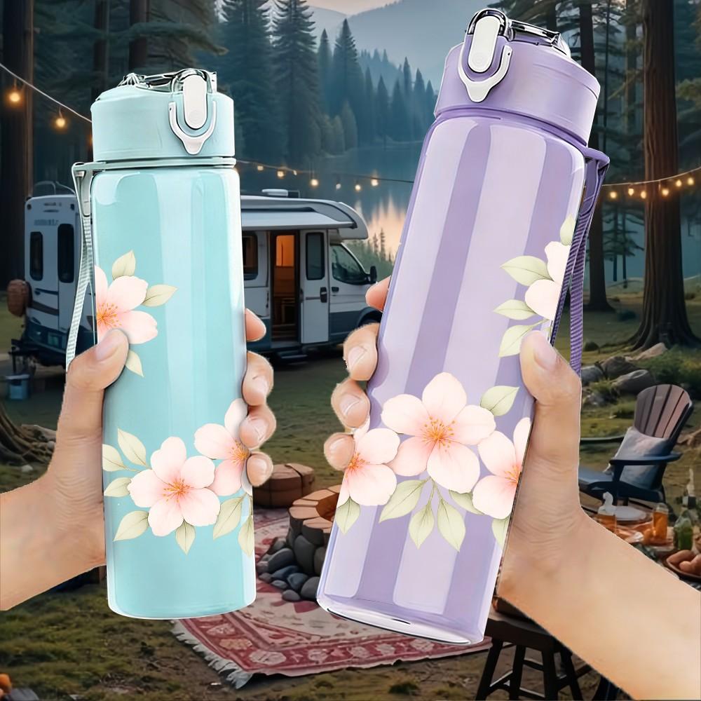 1PC Soft Pink Cherry Blossom Floral Print 750ml Color Plastic Sports Water Bottle Leakproof Flip Straw Lid Suitable for Sports Office Home Use
