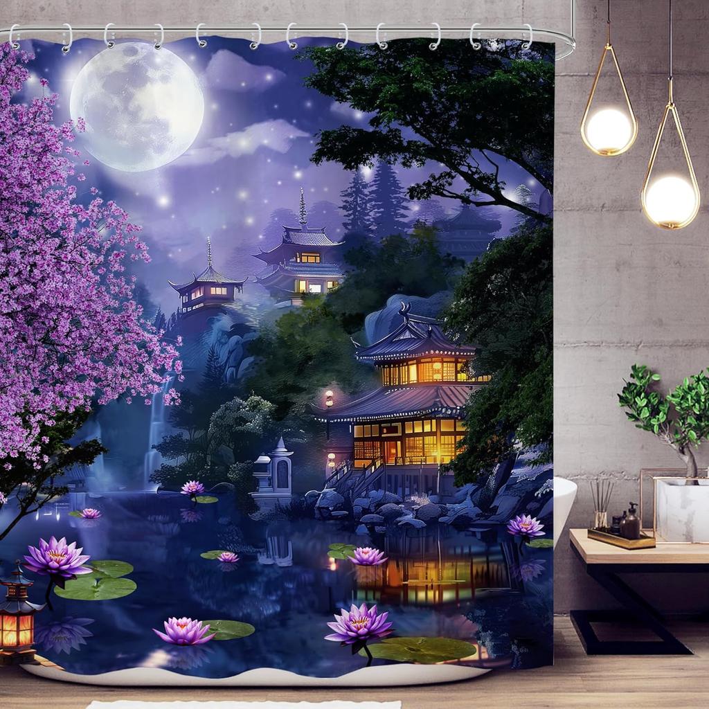 Japanese Cherry Blossom Shower Curtain Watercolor Black Red Floral Asian Chinese Mountain Sun Anime Fabric Waterproof