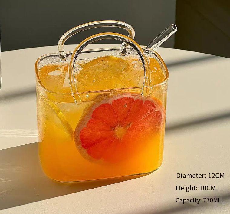 Trendy Glass Handbag Drinkware Set - with Tray, Creative Fruit Juice/Cocktail Cup for Bar/Pub, Stylish Bistro Glassware