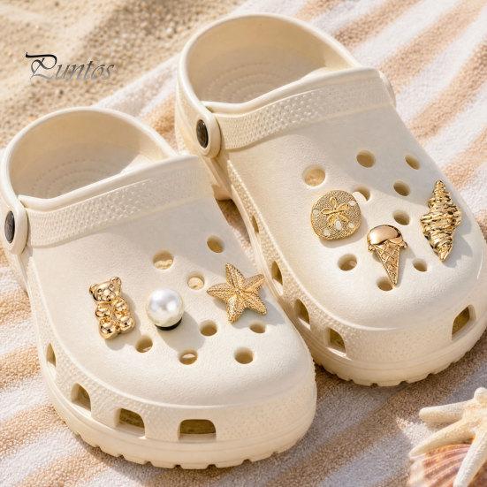 Metal Shoe Charms 6Pcs/Set Gold-Tone Charms, Summer Ice Cream Shell Starfish Faux Pearl for Clogs Women Girls Beach Footwear Decor Scratch-resistant