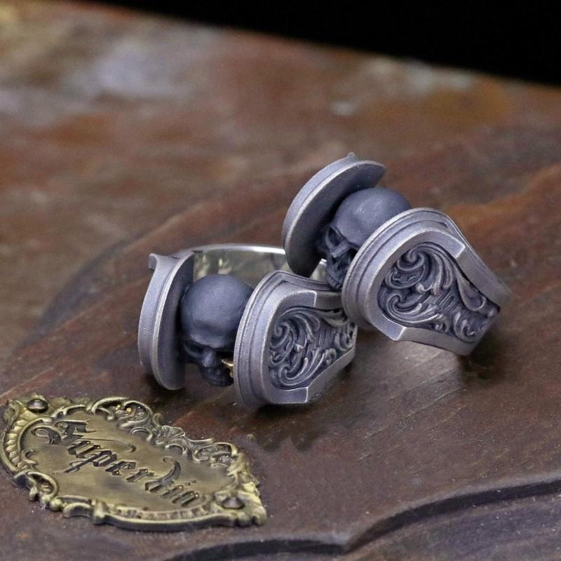 Adjustable Open Ring With Engraved Skull Motif In Antique Finish Sterling Unisex Vintage Gothic Jewelry