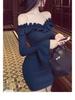 Women's One-Shoulder Dark Blue Lace Dress - 2025 Autumn Retro Style, Slim Fit, Hip-Hugging Short Skirt