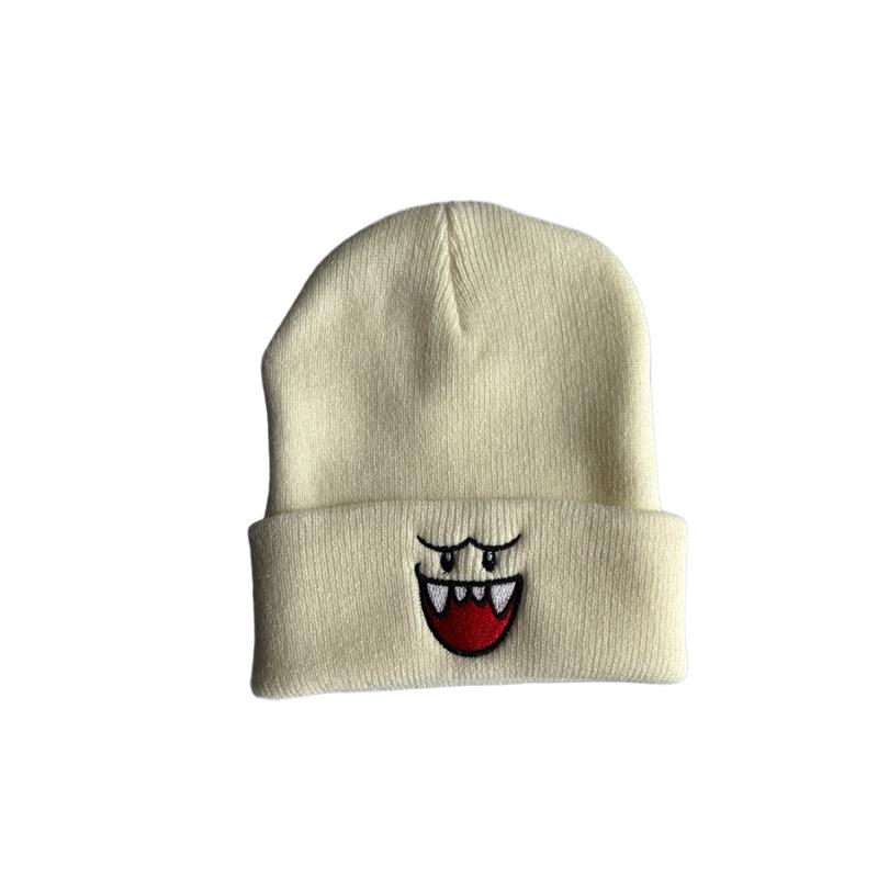 Cartoon Big Mouth Red Eyes Beanie - Autumn/Winter Embroidered Wool Knit Hat
