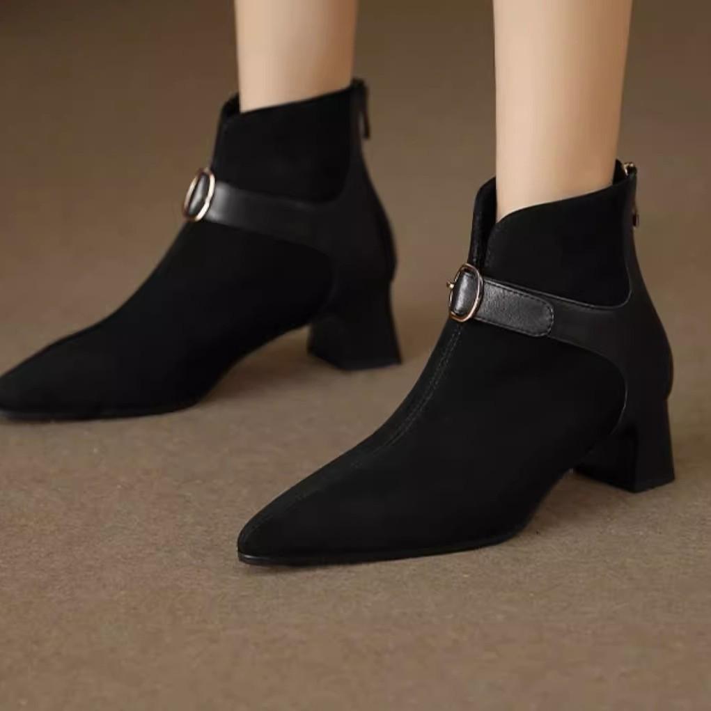 Pointed thick heel Martin boots women's autumn large size suede belt buckle medium heel short boots