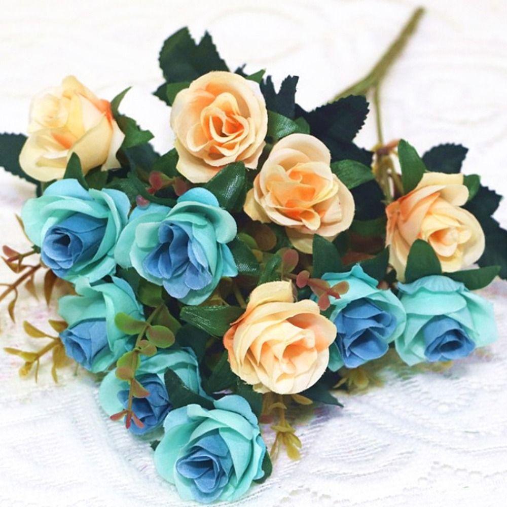 Multicolor Lifelike Rose Flowers 12 Heads Simulation Plants Leaves  Party Supplies