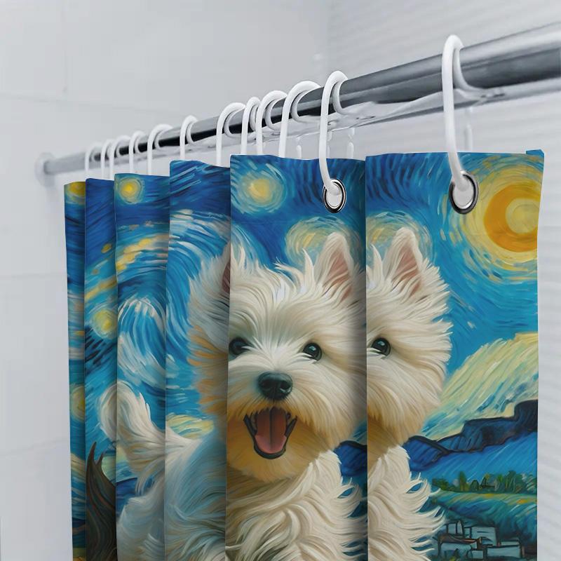 Vincent Van Gogh Starry Night West Highland White Terrier Print Bath Curtain Decor Suitable For Wet And Dry Separation