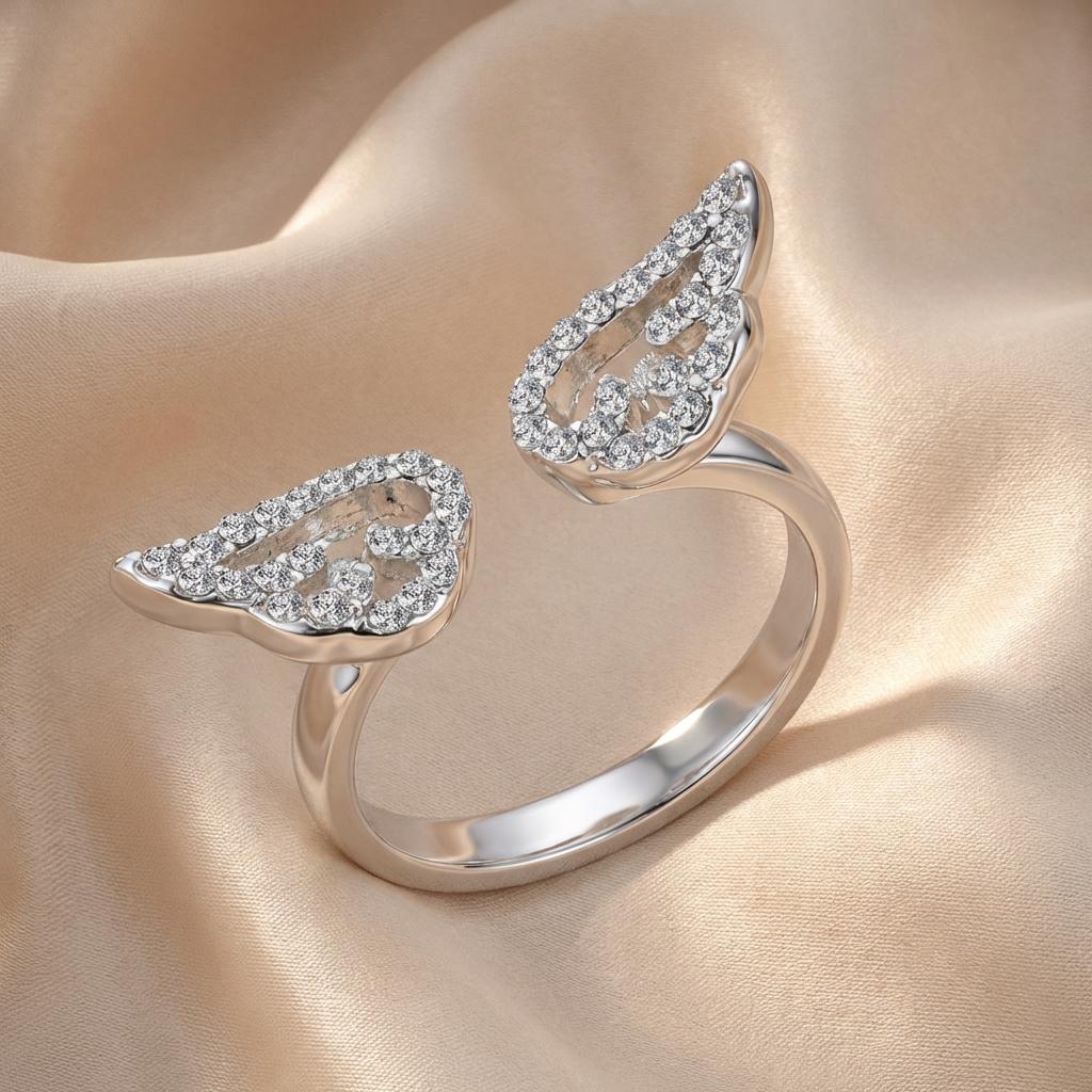 Sparkle Luxury Zircon Angel Wing Open Ring for Women Adjustable Silver Color Promise Ring Romantic Party Valentine Jewelry Gift