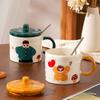 A Family of Cute Ceramic Cups  High Value  Large Capacity  High Temperature Resistance  Mugs Lid Spoon  Water Cups Household Use Set