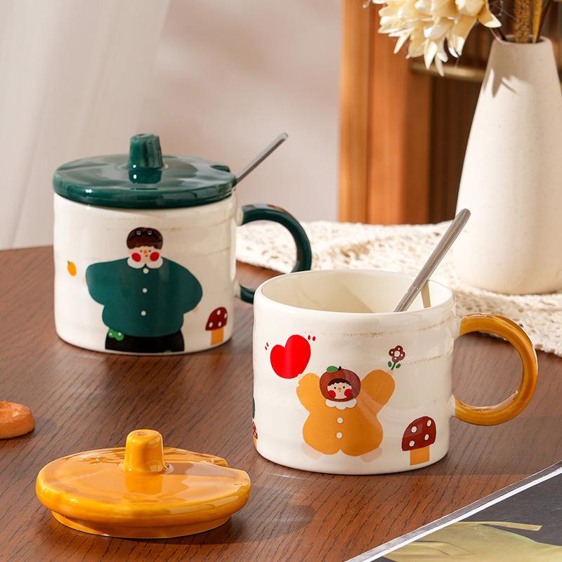 A Family of Cute Ceramic Cups  High Value  Large Capacity  High Temperature Resistance  Mugs Lid Spoon  Water Cups Household Use Set