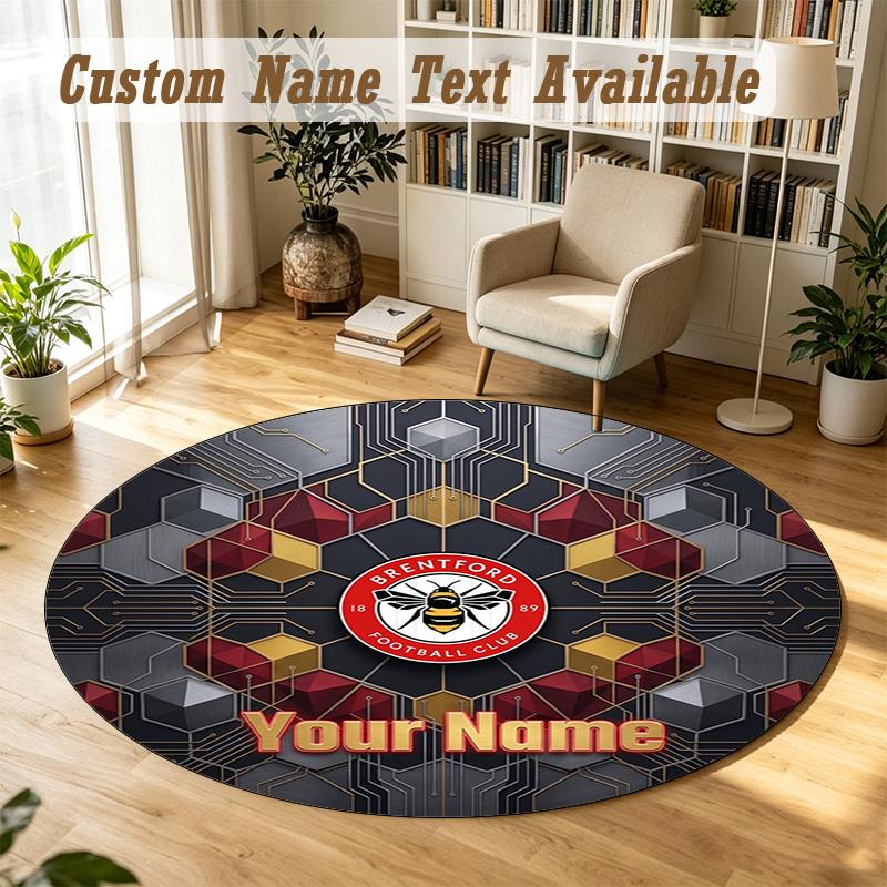 Round Rug Custom NameBrentford Football Pattern Non Slip Carpet Home Floor Decor
