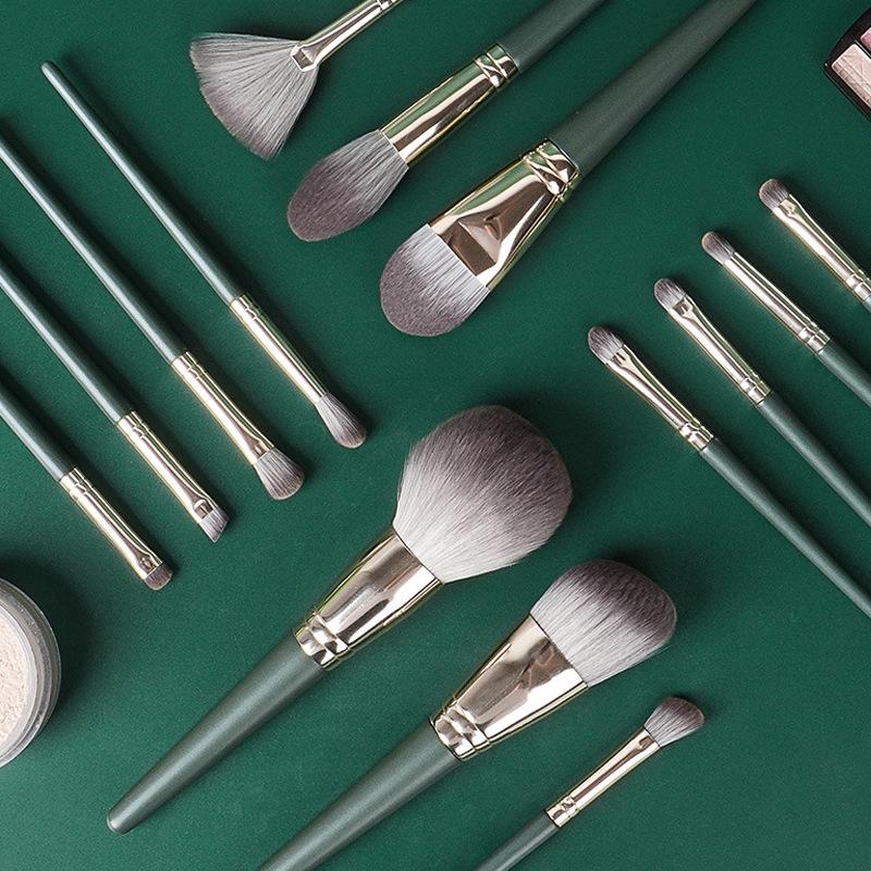 14-Piece Green & Blue Makeup Brush Set - Includes Eyeshadow, Face Brushes, and Portable Case