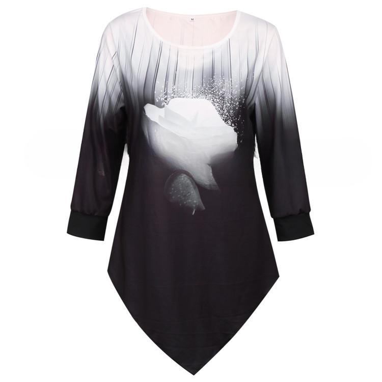 

QICED Осенняя напечатанная повседневная рубашка свободного кроя с круглым вырезом и неровным подолом для женщин XXXXXL дымный черный