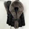 Winter lace-up hooded loose thickened coat women's retro versatile temperament real fox fur collar duck down jacket