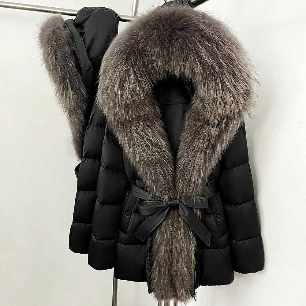 Winter lace-up hooded loose thickened coat women's retro versatile temperament real fox fur collar duck down jacket