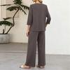 Women's Casual Two-Piece Outfit Set Color 3/4 Sleeve Button Front Top with Wide Leg Pants for Everyday Wear