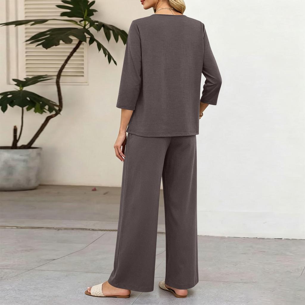Women's Casual Two-Piece Outfit Set Color 3/4 Sleeve Button Front Top with Wide Leg Pants for Everyday Wear