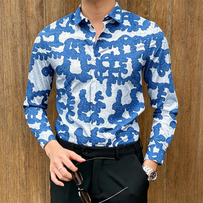 Men's Abstract Graffiti Print Long-Sleeve Shirt, Smooth Drape, Trendy Lapel Shirt, High-Street Luxury Versatile Men's Top