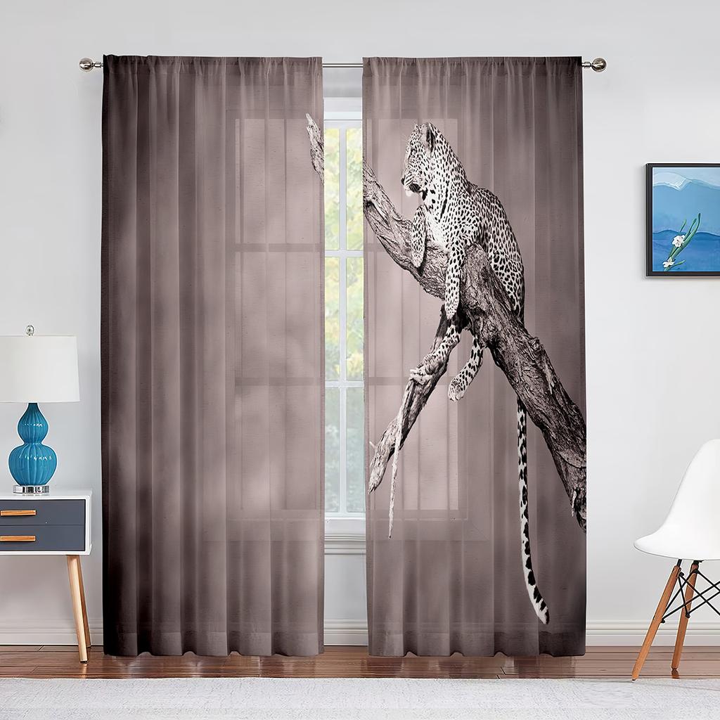Leopard Safari Gepard Wildtier Thema Muster Tüll Vorhänge für Wohnzimmer Schlafzimmer Transparent Durchsichtig Voile Fenstervorhang