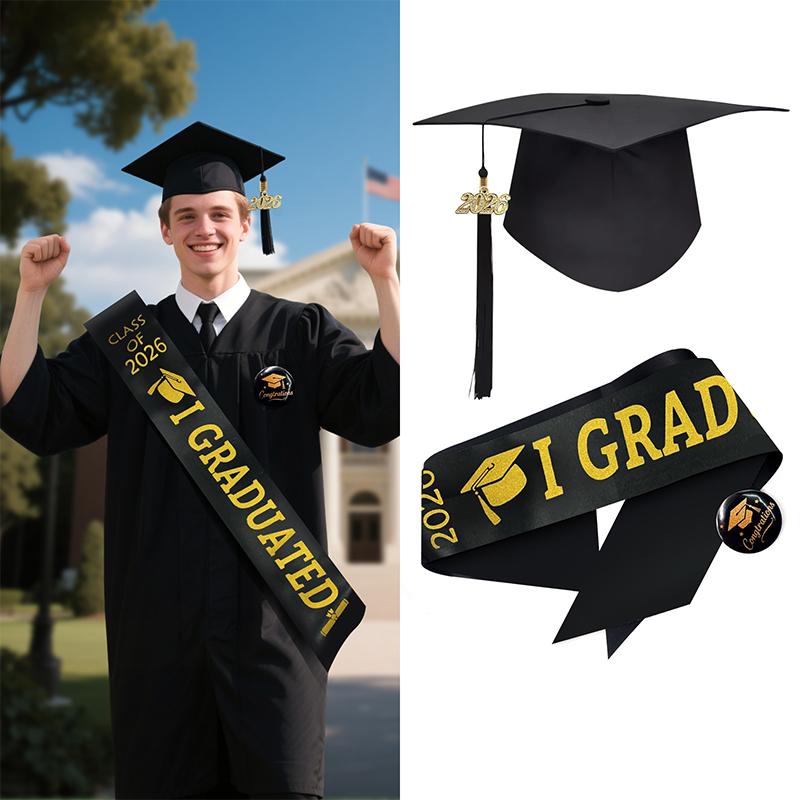 1/2/3Pc Class Of 2026 Black Golden Satin Sash Bachelor Cap With Tassel Graduation Shoulder Strap Congrats Grad Party Photo Props