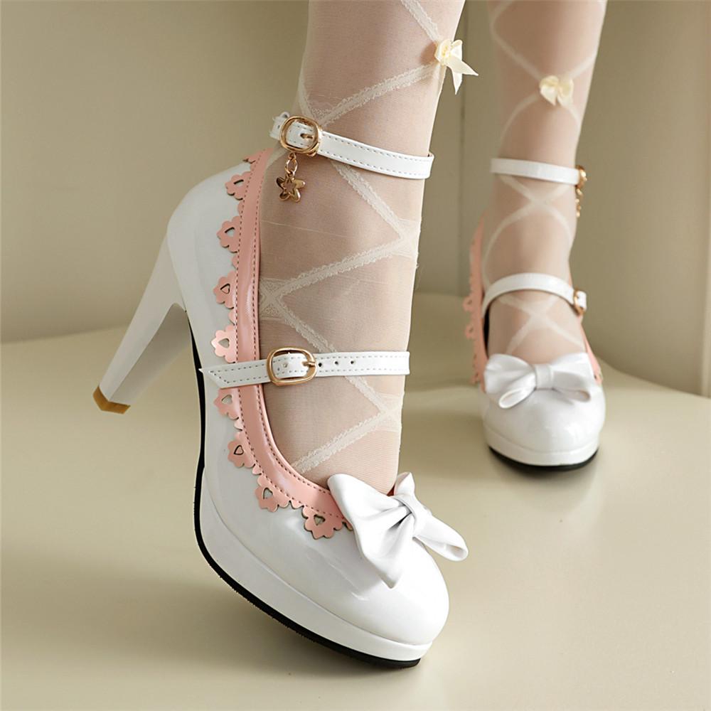 Fashion Women Ankle Strap Buckle High Heels Round Toe Heel Pumps Women Platform Pumps with Bow Party Wedding Shoes Chaussures De Femme