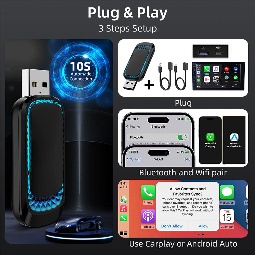 2 IN 1 Wireless Carplay Adapter for iOS 10+ for Android 11+ Plug And Play Converts Wired Carplay To USB/USB-C Auto Car Adapter