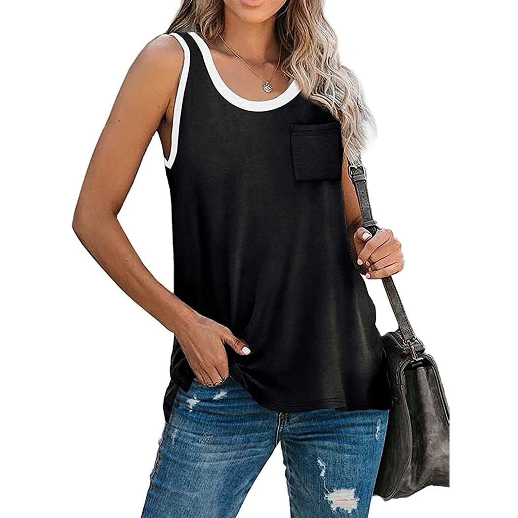Womens Tank Tops Summer Loose Fit Color Block Casual Sleeveless Tshirts Blouse