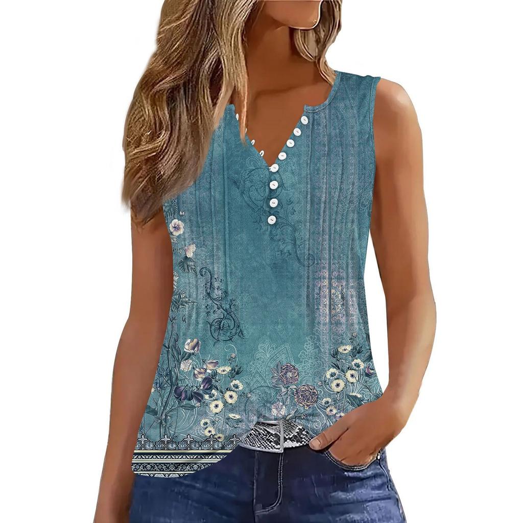 Women's Flowers And Plants Casual Loose Pleated Shirt V Collar Button-down T-shirt Shirt Sleeveless Vest Top